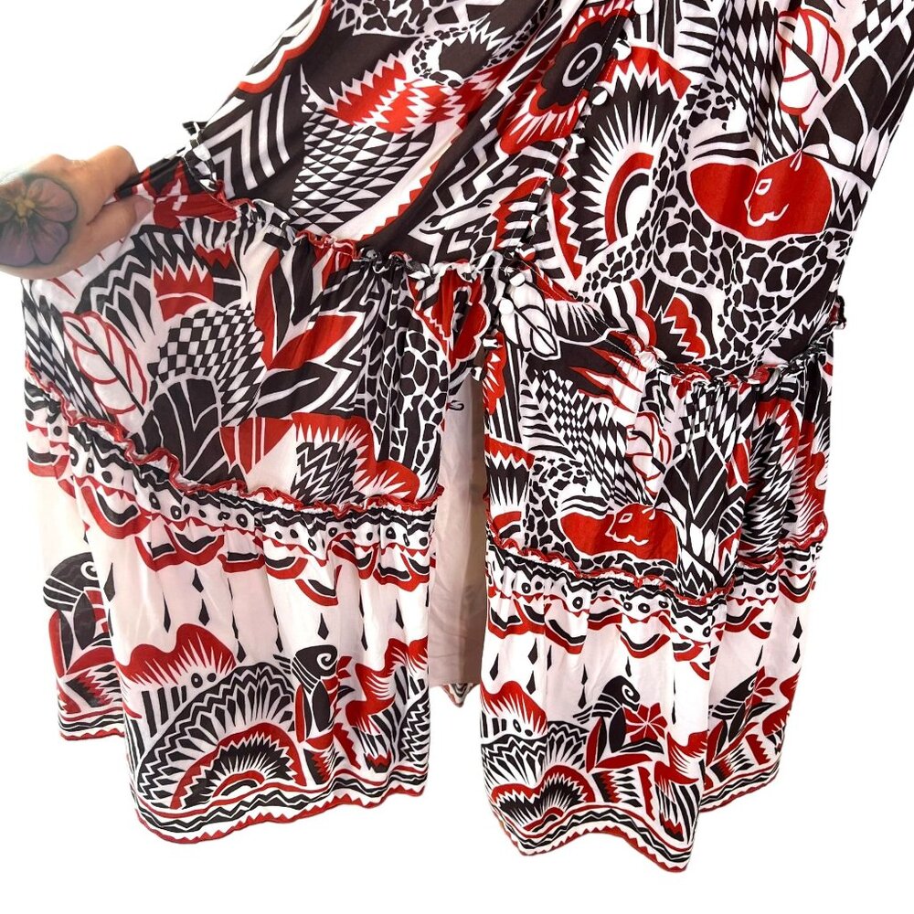 Anthropologie Brown Red White Print Tiered Short Sleeve Tiered Maxi Dress Medium - Picture 12 of 12